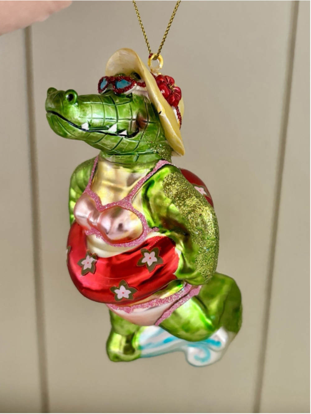 Blown Glass Fun Tropical Alligator, Christmas Ornament, Beach Pool Theme, 5"